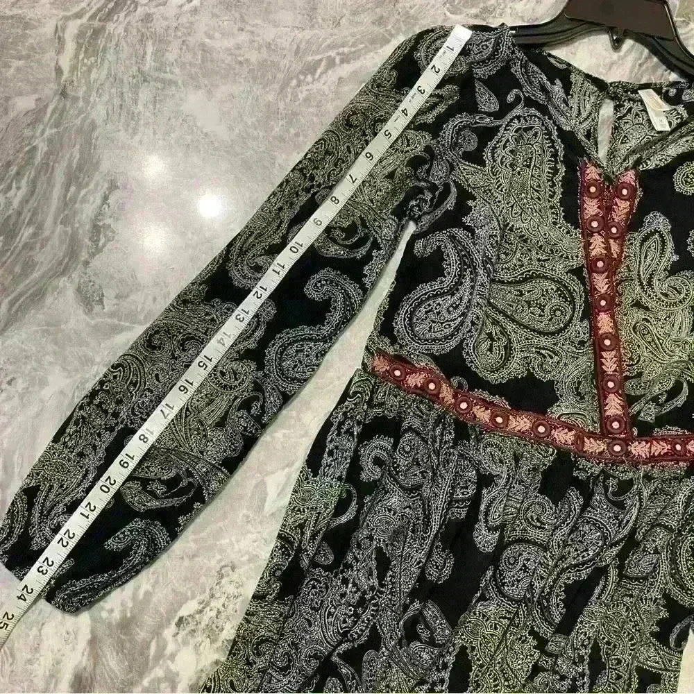 Xhilaration A Line Dress Black White Paisley Long Sleeve Short V Neck Womens M - Picture 7 of 11